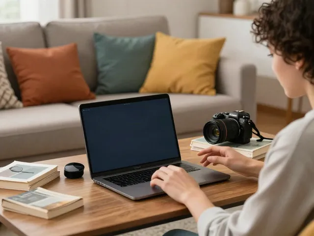 AI sex chat session on a laptop in a cozy living room with colorful decor.