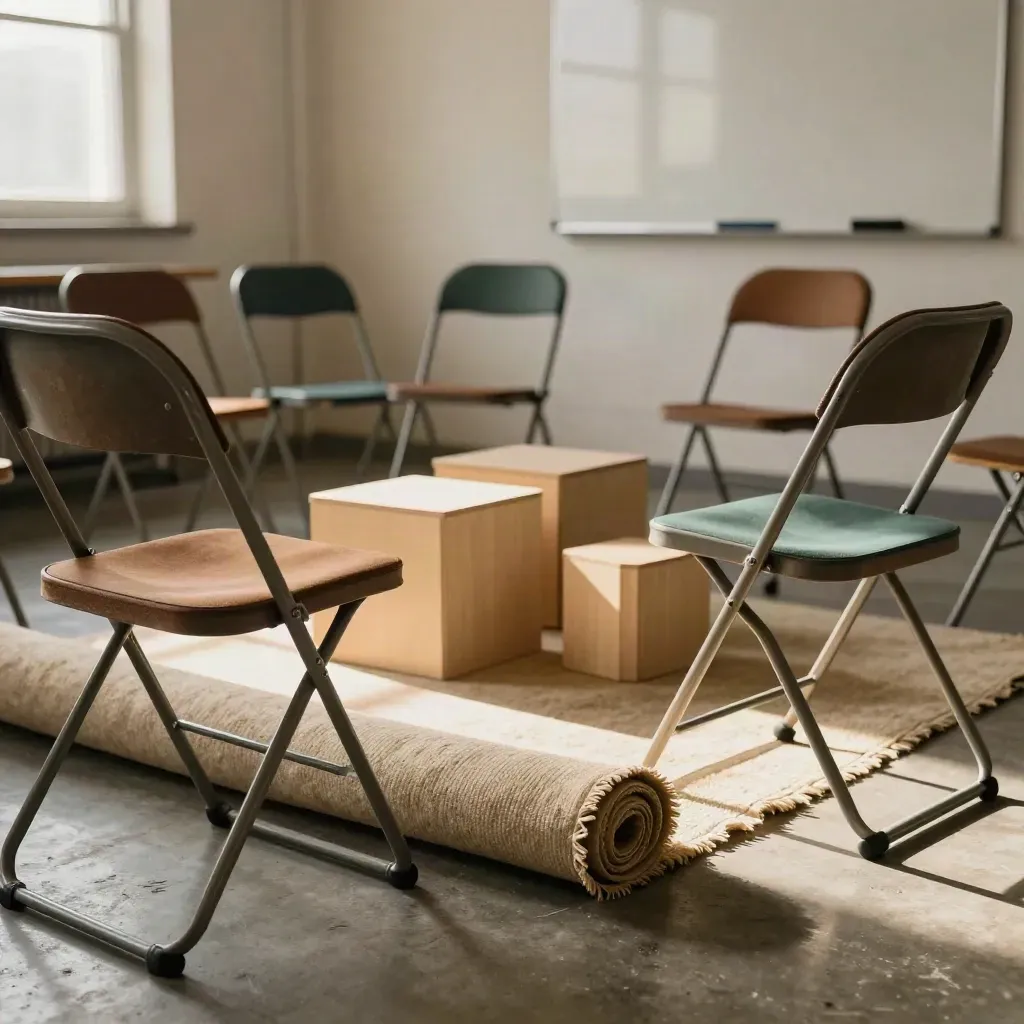 Détail macro d’une salle d’atelier réorganisée, chaises pliantes, cubes de bois et tapis roulé.