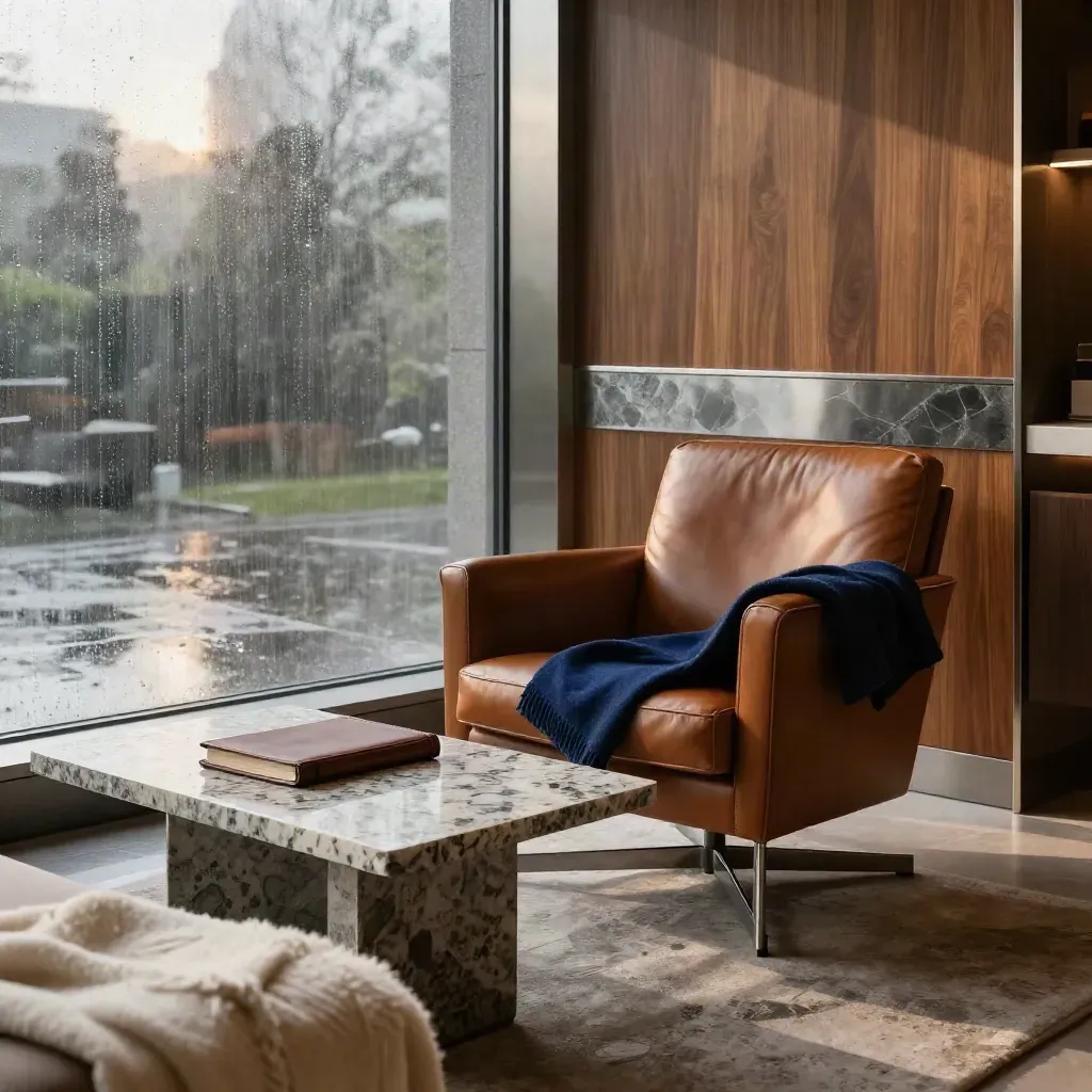 Salon exécutif calme avec fauteuil club, table en pierre et pluie sur les vitrages.