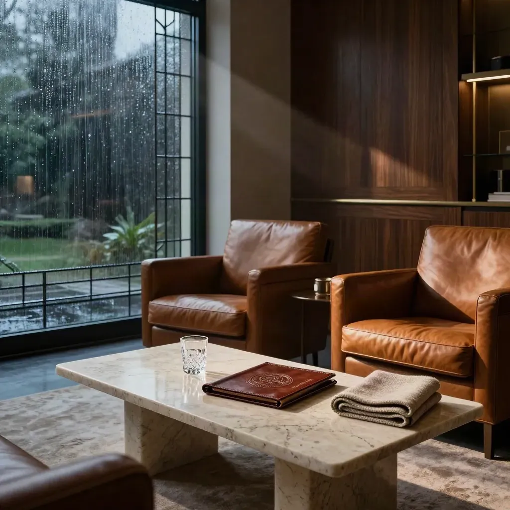 Salon exécutif moderne avec fauteuils club, table en pierre et vitres pluvieuses.
