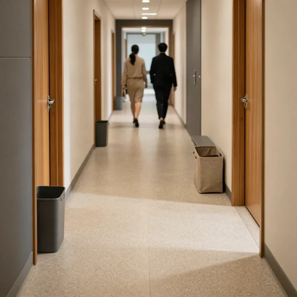 Couloir de bureaux réorganisé, allées de circulation lisibles et bacs de tri discrets.
