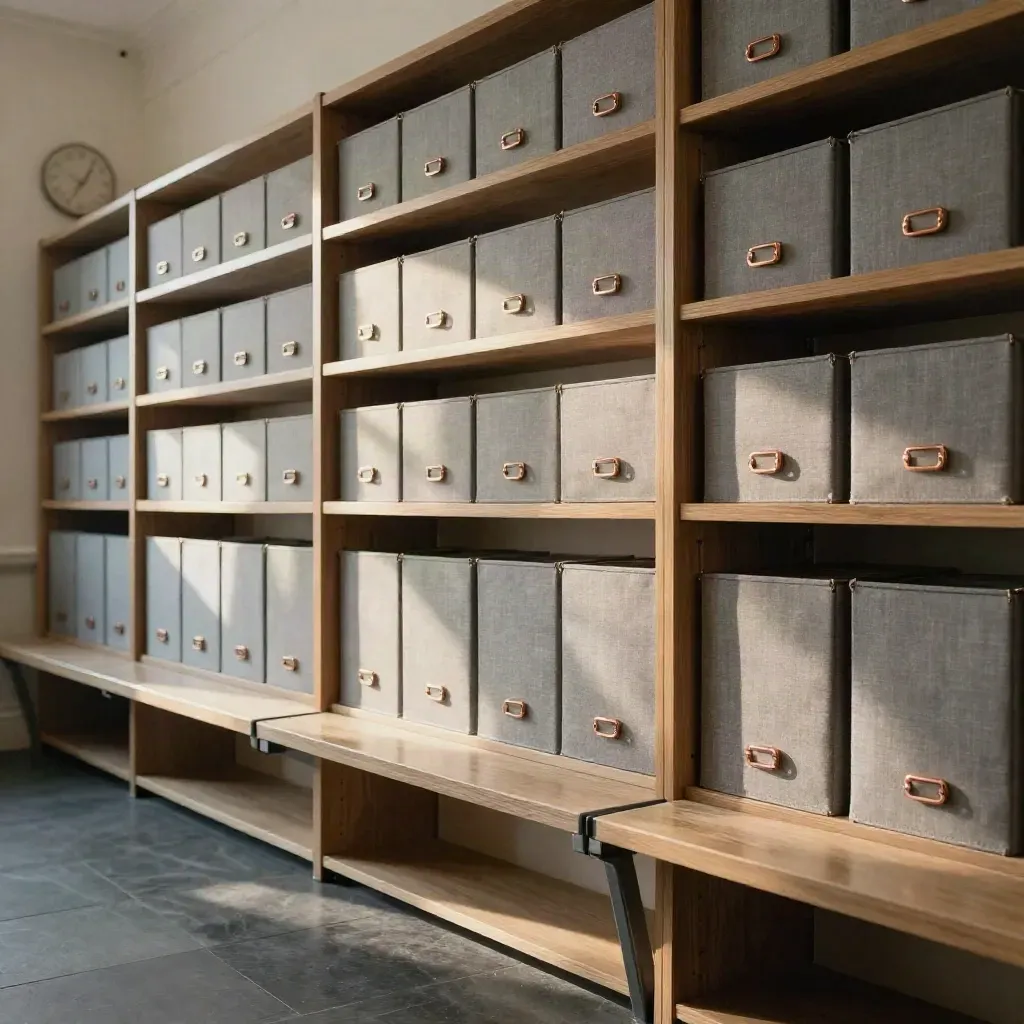 Bibliothèque de rituels avec boîtes alignées, banc et horloge discrète dans une lumière du matin.