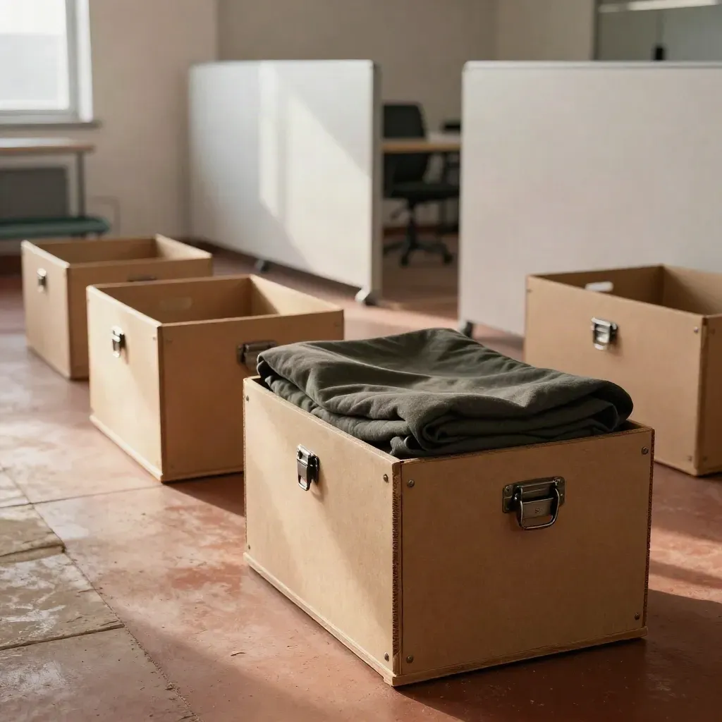Crates fermées et cloisons mobiles dans un couloir de bureau en transition.