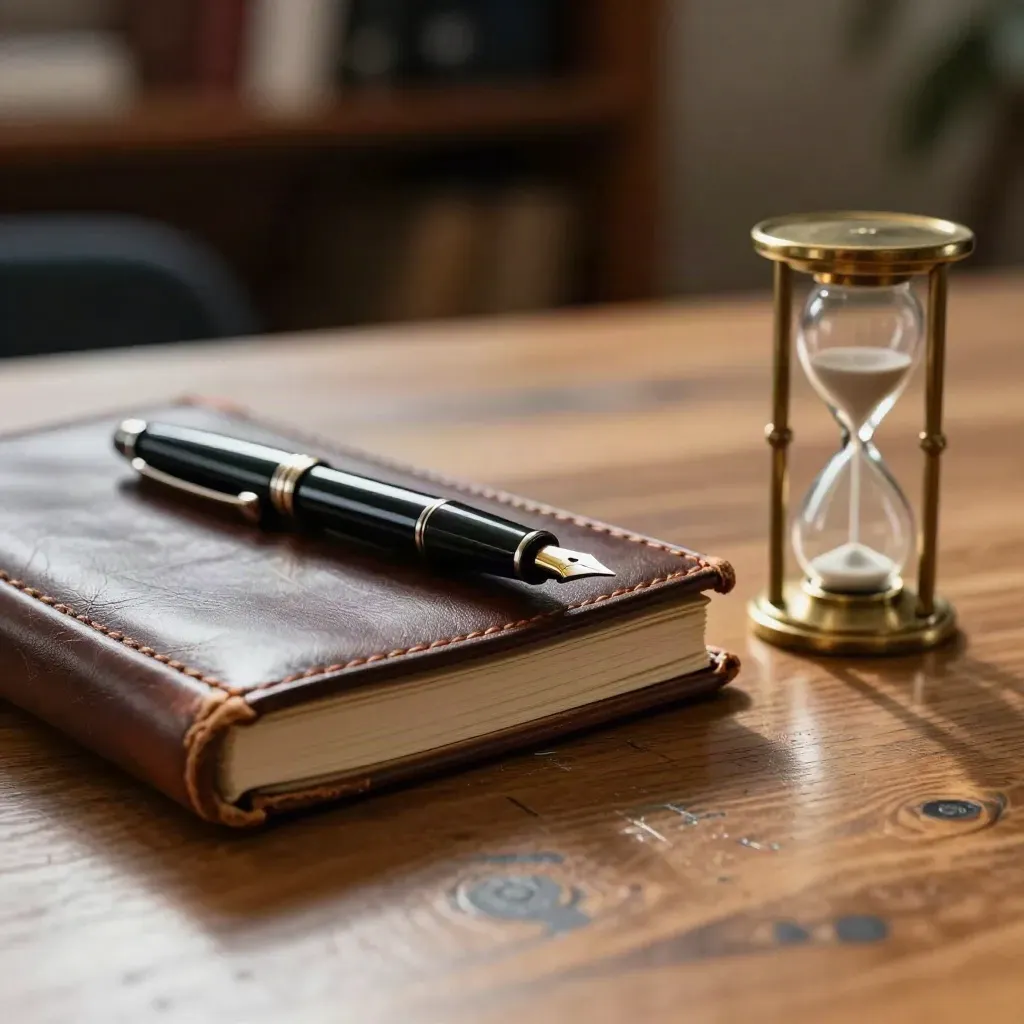 Carnet en cuir, stylo plume noir et sablier en laiton sur table en chêne.