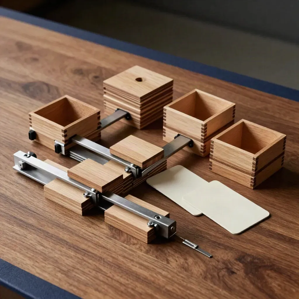 Vue zénithale de modules d’organisation en bois et métal, boîtes empilées et cartes neutres sur fond sombre.