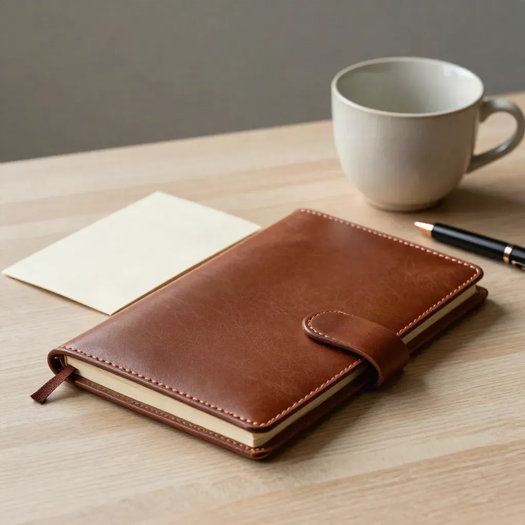 Carnet en cuir, carte pliée, tasse vide et stylo sur bois clair.
