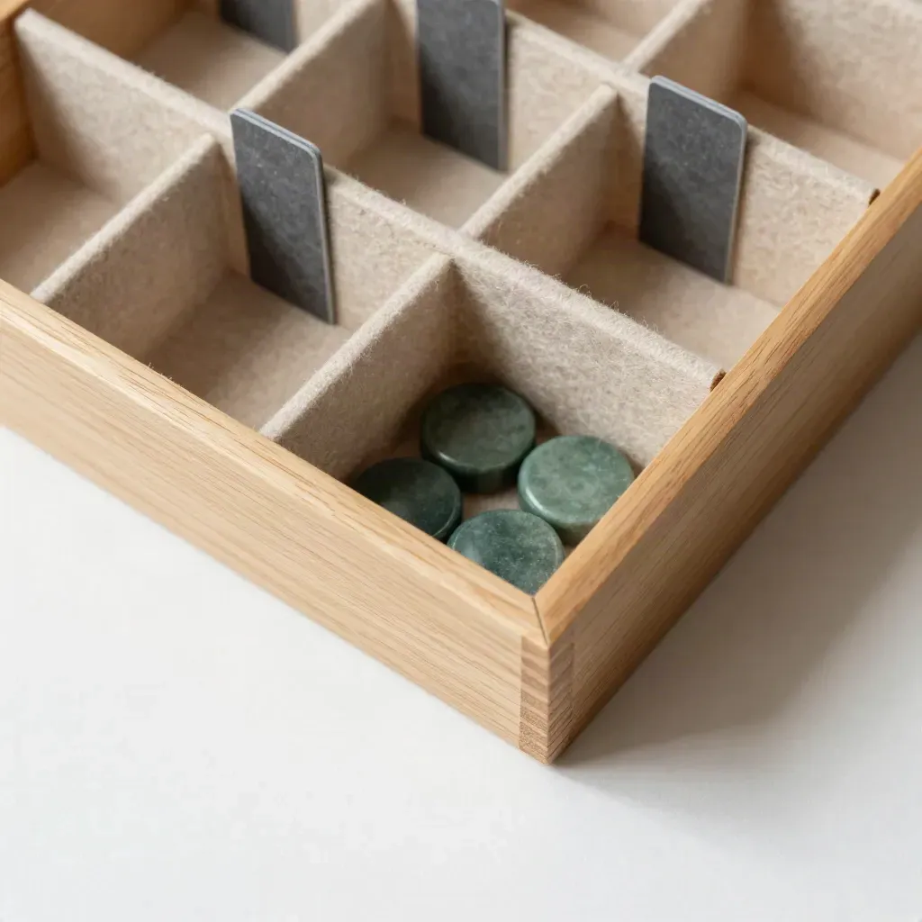 Organiseur en bois clair avec pochettes, élastiques et jetons sur fond clair.
