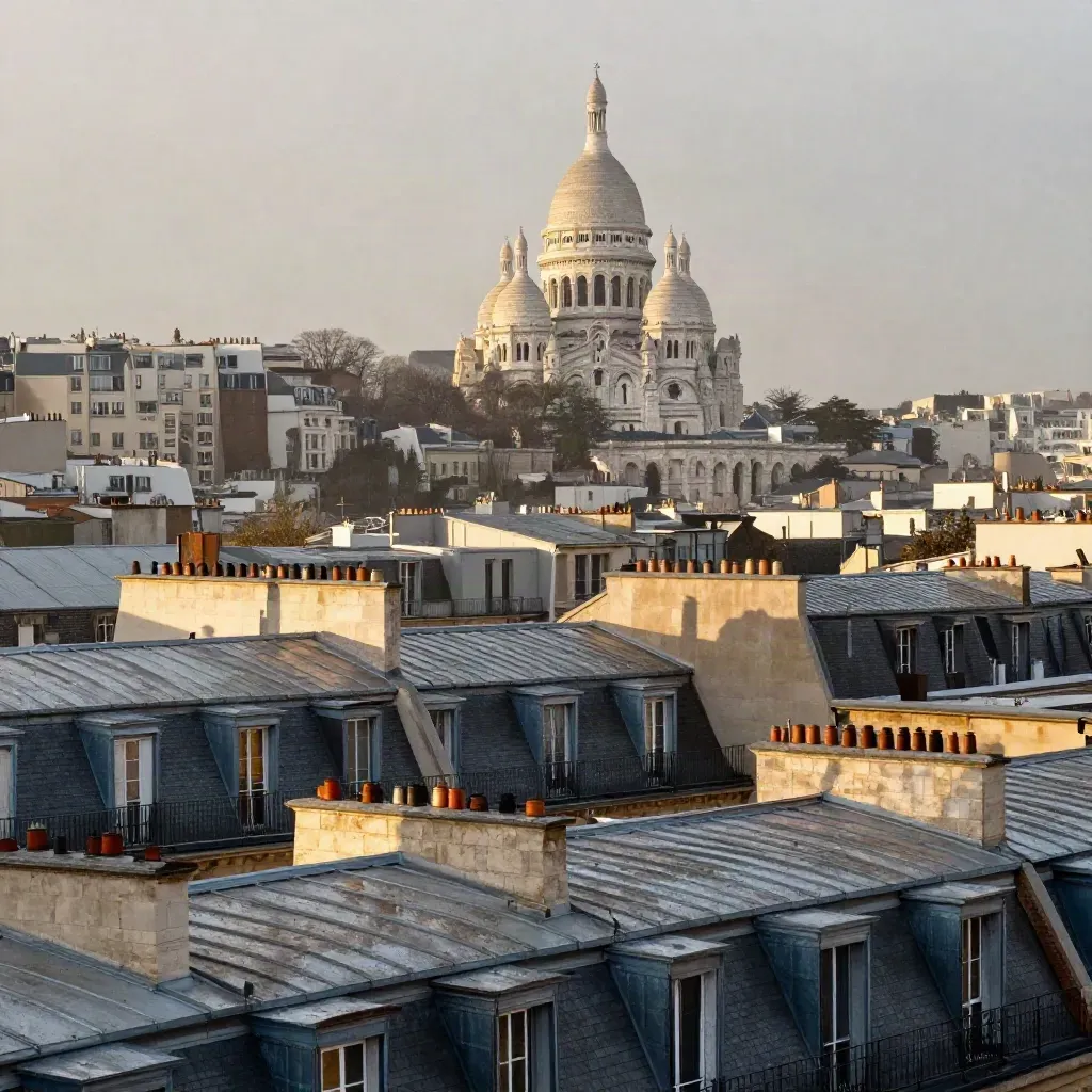 Toits de zinc parisiens au soir, Sacré-Cœur haut dans une brume dorée.