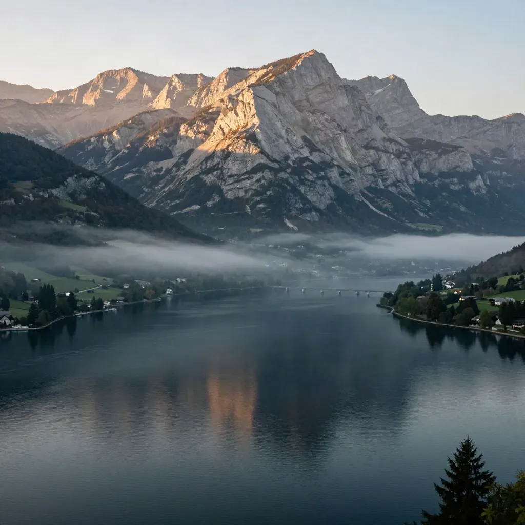 Lac d’Annecy à l’aube, crête alpine dans la brume et pont lointain.