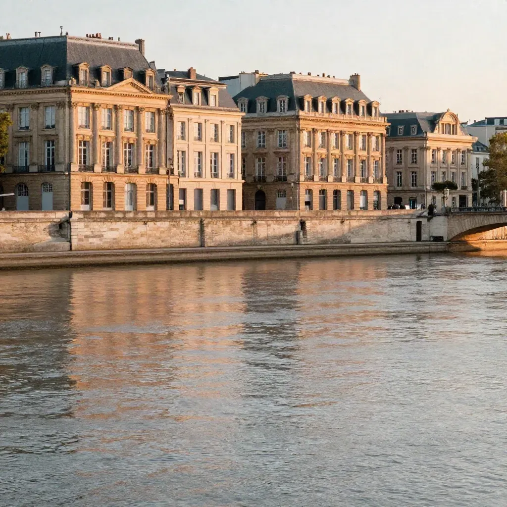 Façades blondes de Bordeaux au-dessus de la Garonne, lumière dorée et reflets calmes.