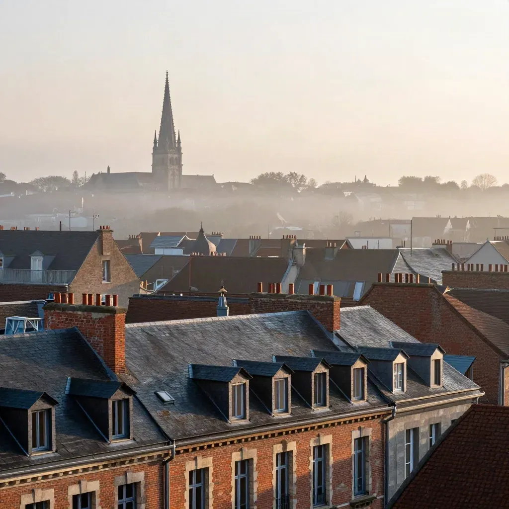Toits en brique de Lille dans la brume, beffroi lointain, ciel clair et calme pour texte.