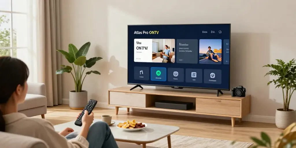Installation de l'application Atlas Pro ONTV sur un téléviseur dans un salon moderne et accueillant.