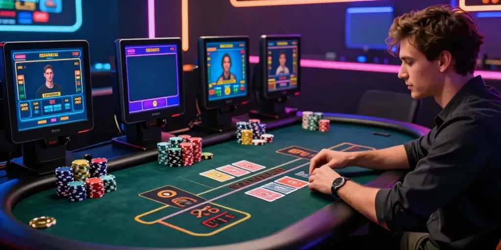 Un joueur dans un casino Bitcoin moderne, concentré sur une table de jeu futuriste avec des écrans colorés.