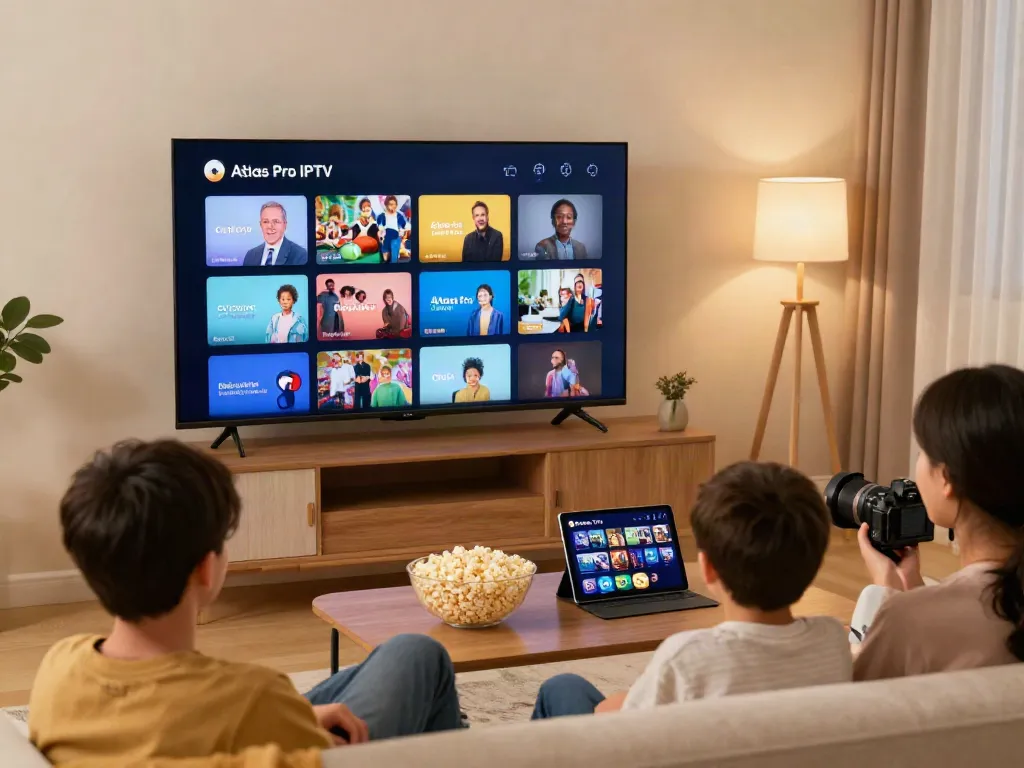 Profitez d'Atlas Pro IPTV en direct dans un salon moderne avec une famille.