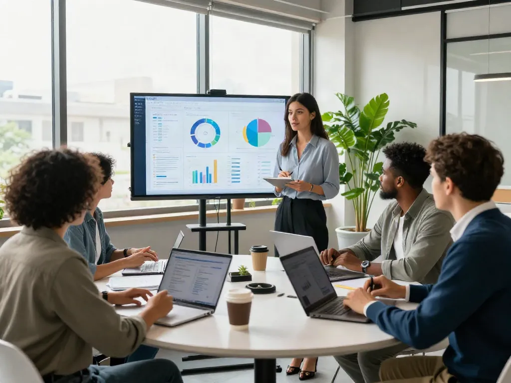 Collaboration d'équipe professionnelle autour d'un projet Atlas pro, avec des analyses sur écran dans un environnement de bureau moderne.